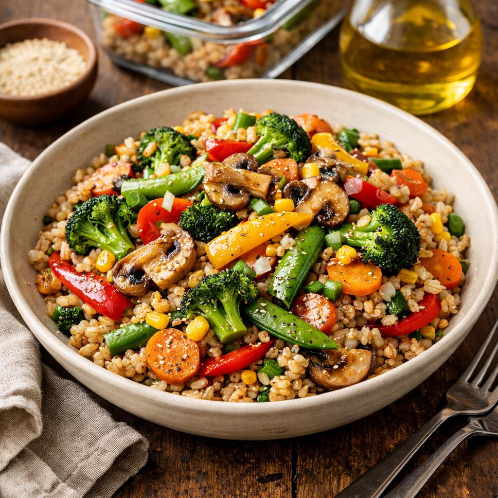 Batch Cooked Brown Rice with Vegetable Stir Fry