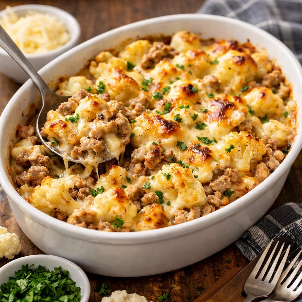 Keto Cheesy Ground Turkey and Cauliflower Bake