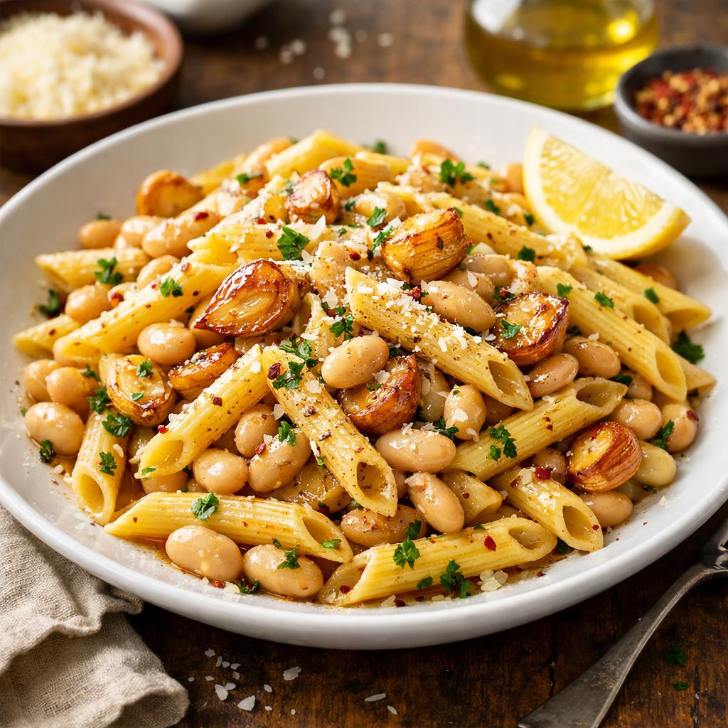 Roasted Garlic and White Bean Pasta