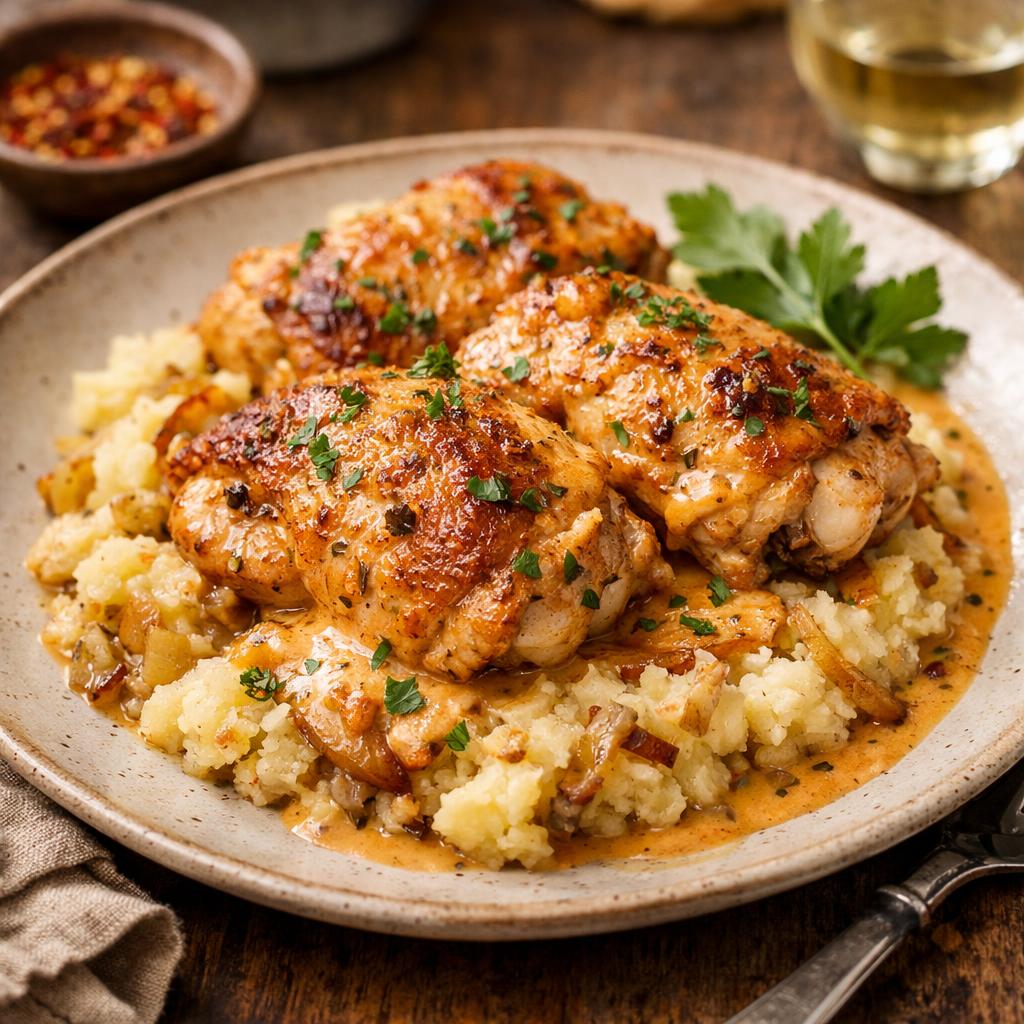 Spiced Creamy Chicken Thighs with Potato-Onion Mash