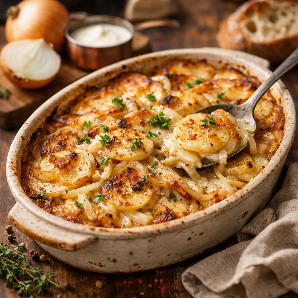 Spiced Creamy Potato & Onion Gratin