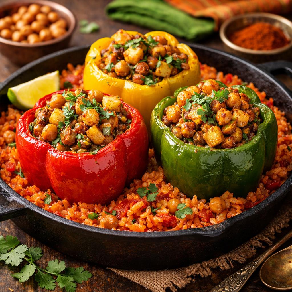 Spiced Sattu Chana & Veggie Stuffed Peppers with Tomato Rice