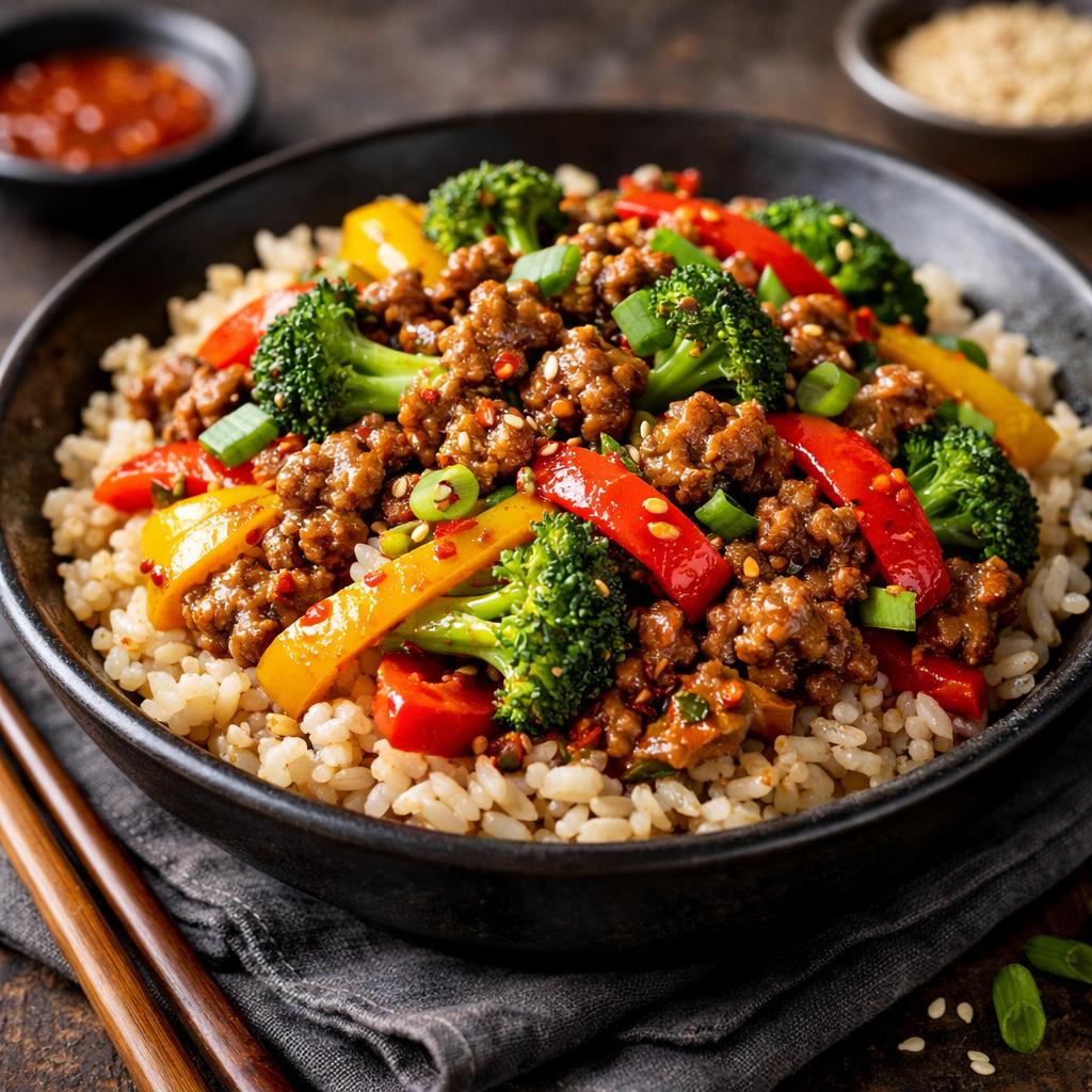 Spicy Bison Stir-Fry with Rice, Bell Peppers, and Broccoli