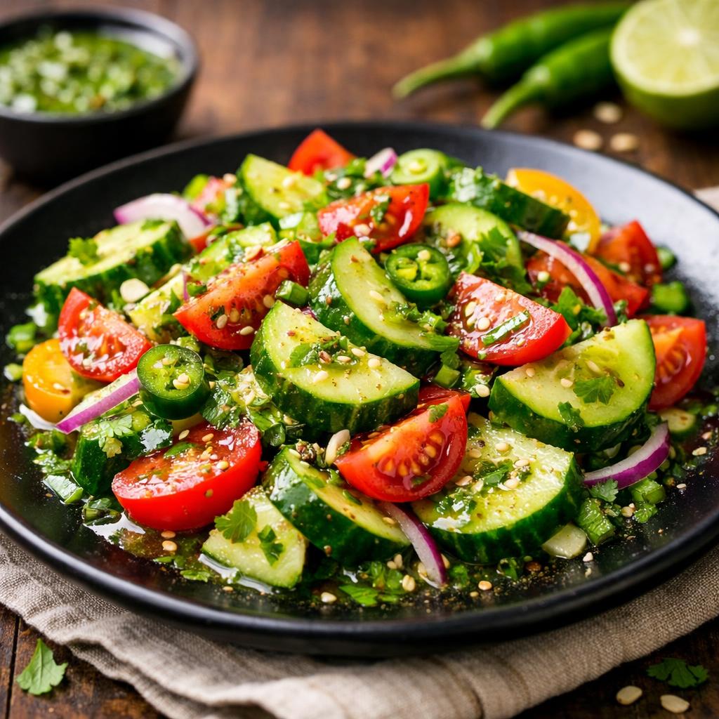 Spicy Cucumber & Tomato Salad with Green Chilli Vinaigrette
