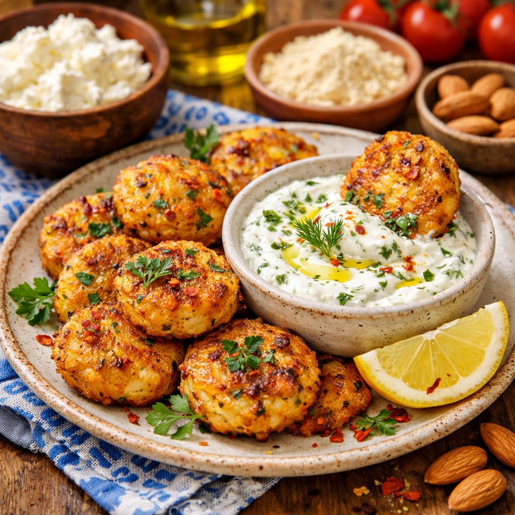 Spicy Keto Ricotta-Almond Fritters with Herb Yogurt Dip